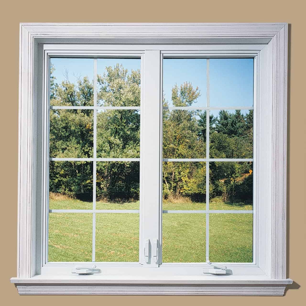Side-hinged casement windows with crank operator and narrow sightlines.