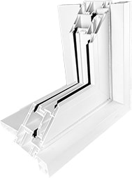 Corner cutaway of a window frame showing vinyl brickmould and trim integration.
