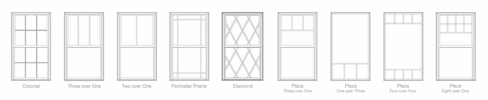Row of window grille patterns: Colonial, Prairie, Diamond and Plaza layouts.