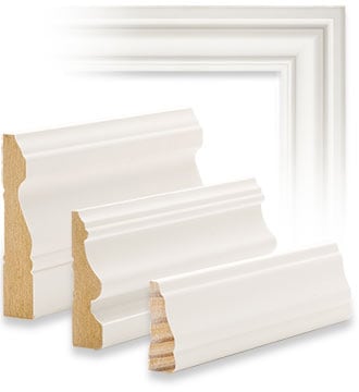 Primed wood casing trim pieces showing multiple interior moulding profile options.