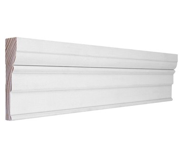 Extended primed wood casing trim board with a stepped moulding profile.