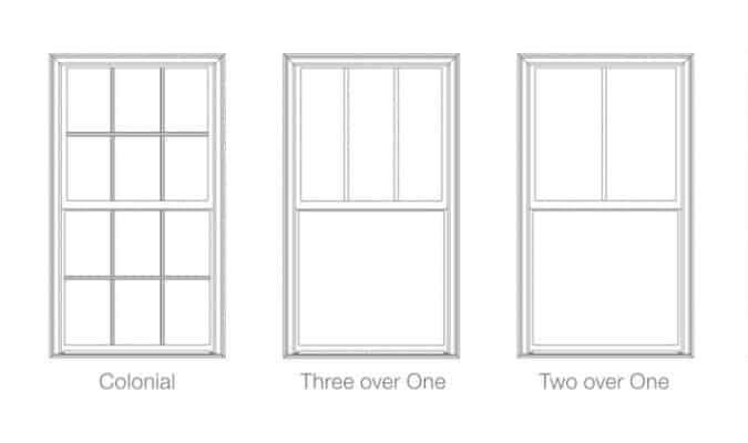 Colonial, three-over-one and two-over-one divided-lite window grille patterns.
