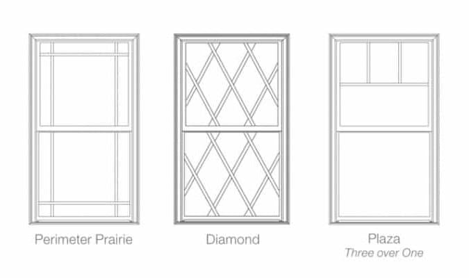 Perimeter Prairie, Diamond and Plaza three-over-one window grille examples.