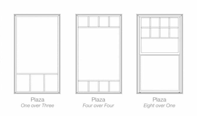 Three Plaza window grille patterns: one-over-three, four-over-four and eight-over-one.