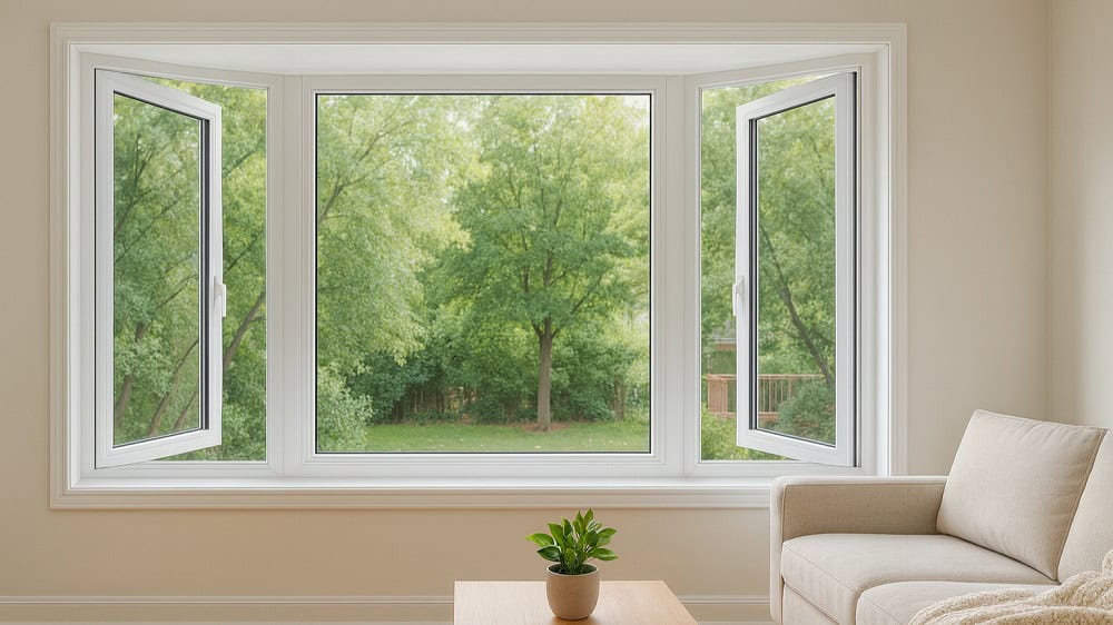 Bright living room in Aurora with casement windows flanking a picture window.