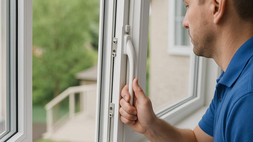 Technician adjusting multi-point lock on a vinyl casement window.