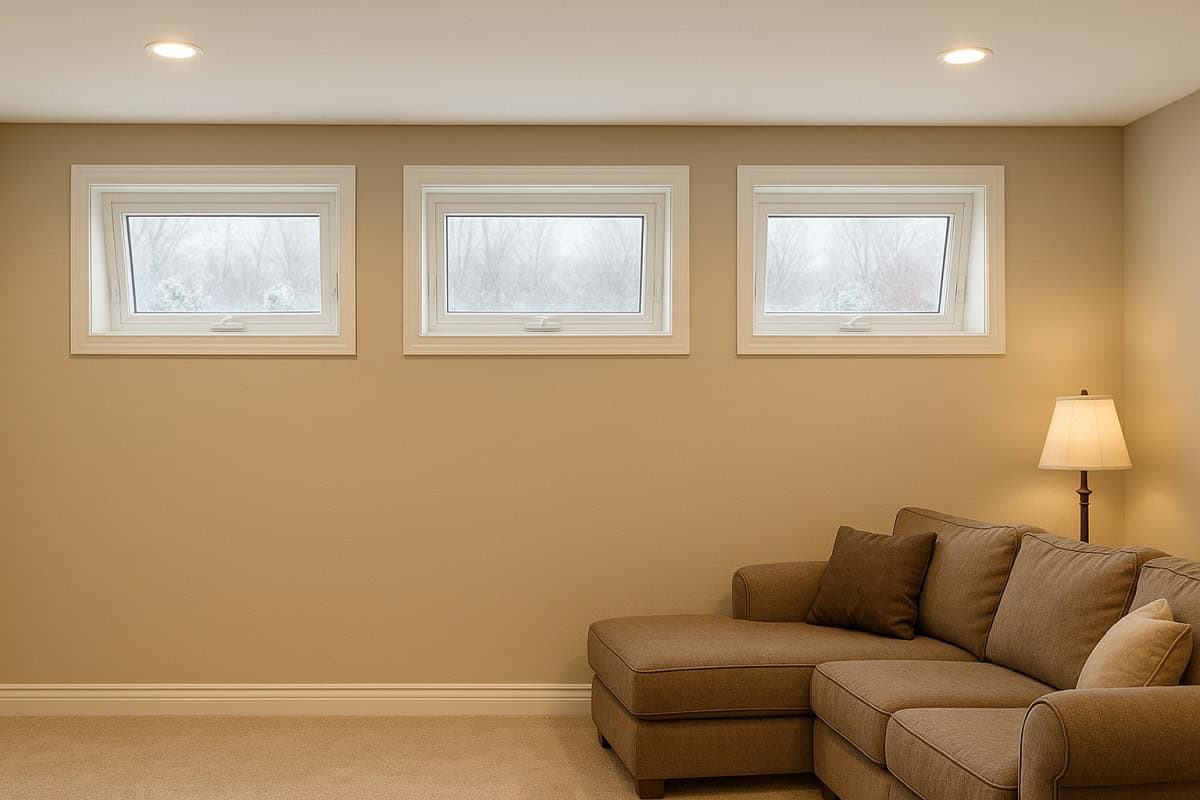 Finished basement with high-set vinyl awning windows bringing in daylight.