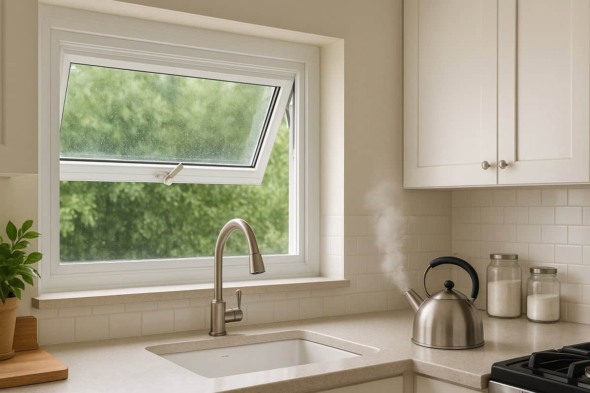 Bright kitchen with over-sink vinyl awning window partially open for ventilation.