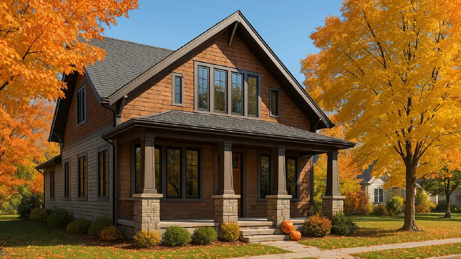 Craftsman home in Uxbridge with narrow‑frame vinyl windows showcasing autumn views.