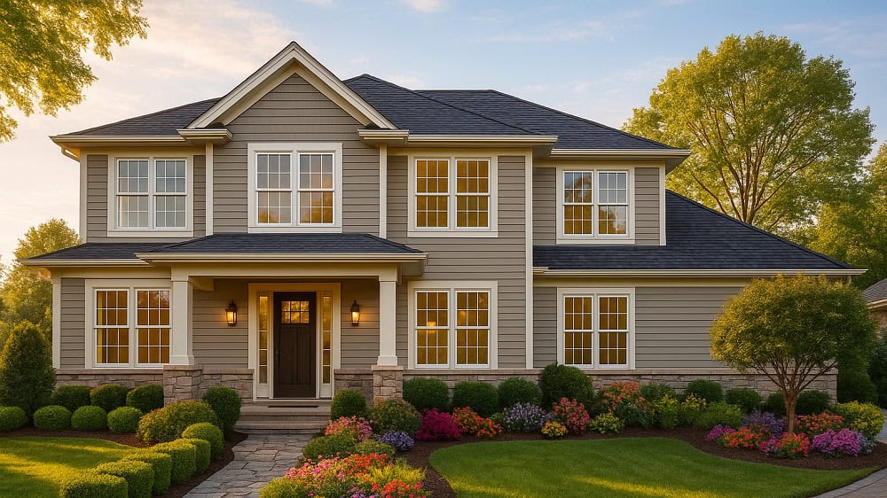 Featured view of vinyl hung windows on a Craftsman-style Ajax home at sunset
