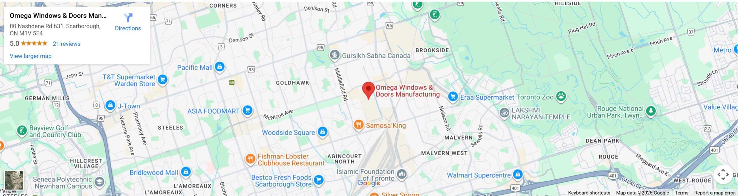 Map showing the location of Omega Windows & Doors Manufacturing in Markham, Ontario.