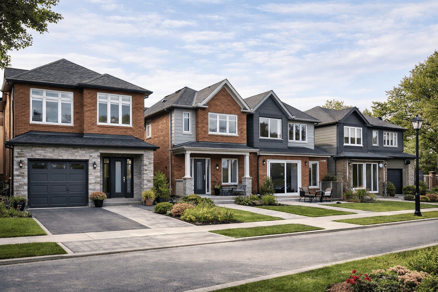 GTA residential streetscape with upgraded vinyl windows, patio doors, and a contemporary front entry door