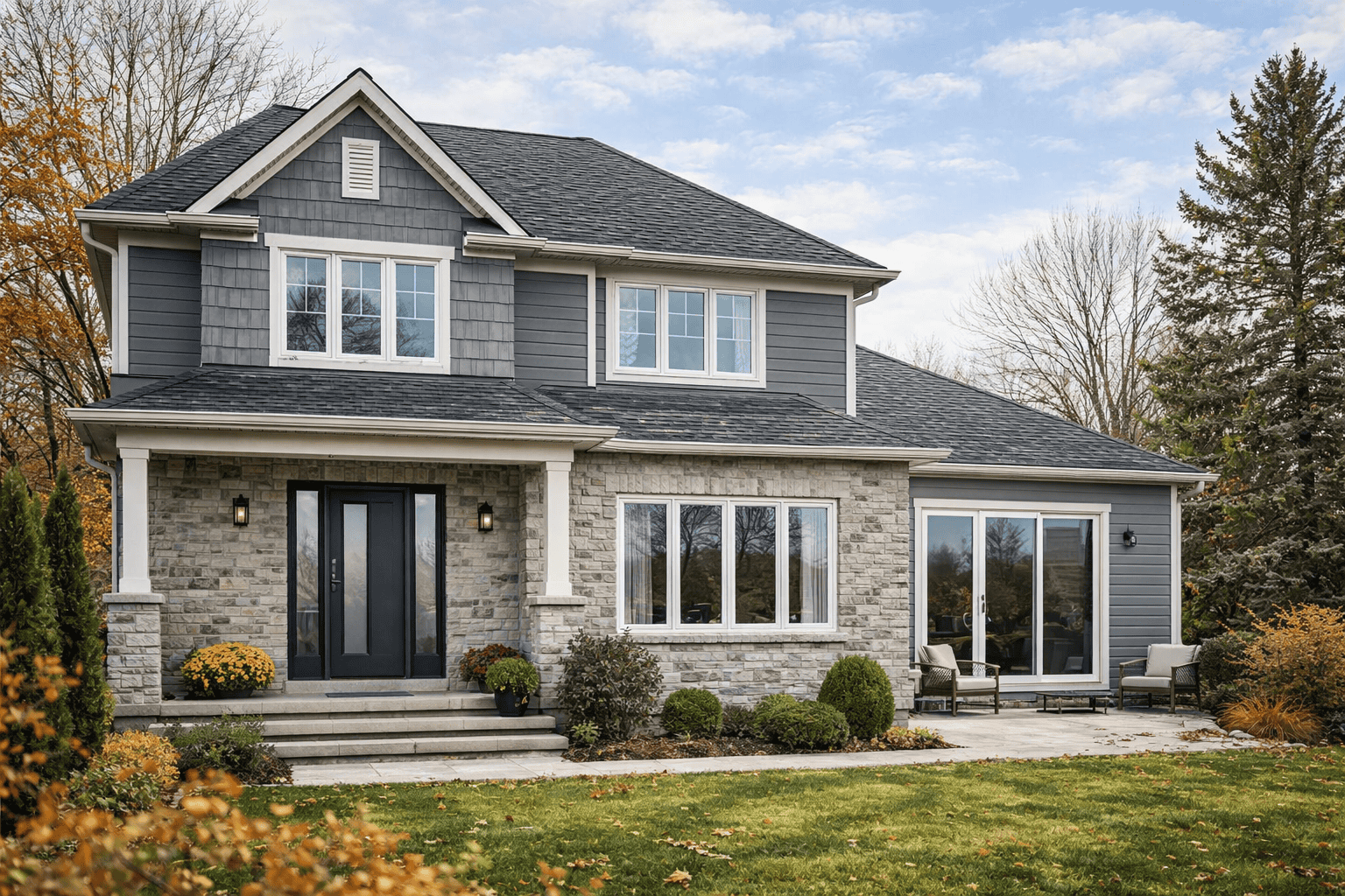 Ontario home exterior with energy-efficient vinyl windows and a modern entry door in natural daylight