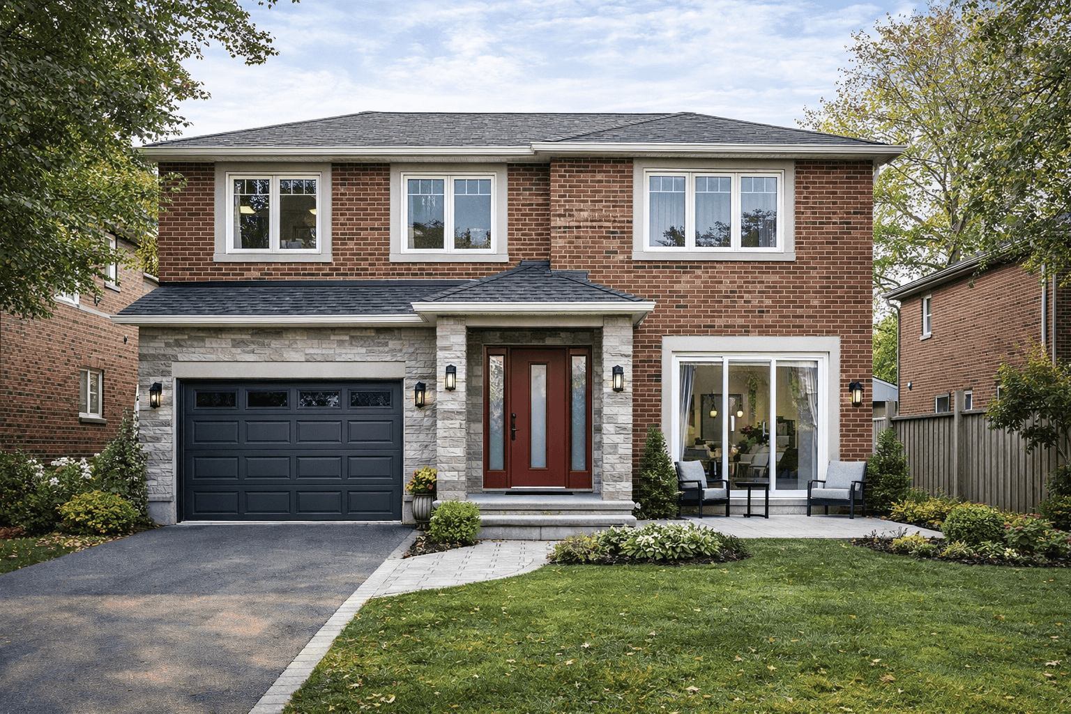Scarborough home exterior with upgraded vinyl windows, patio doors, and a custom entry door