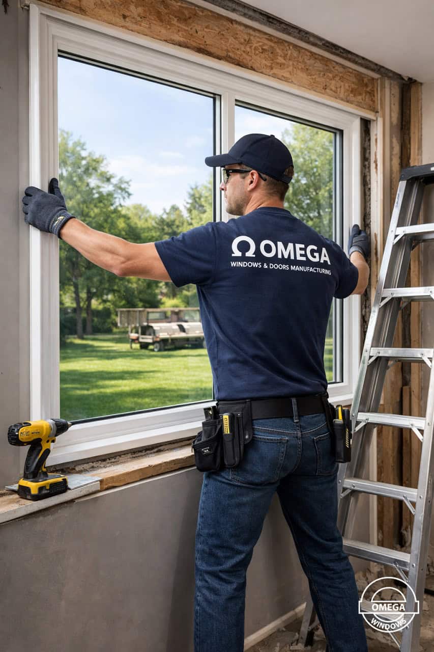 Technician installing energy efficient vinyl window in residential home by Omega Windows & Doors Manufacturing