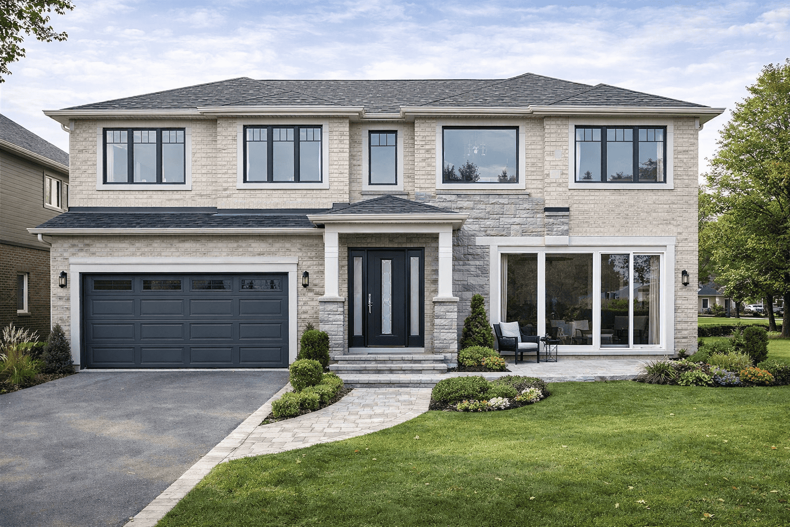 York Region home with modern narrow-frame windows, patio doors, and a custom front entry door