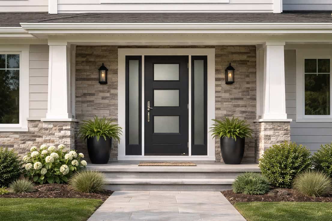 Modern entry door with glass inserts on an Ontario home exterior