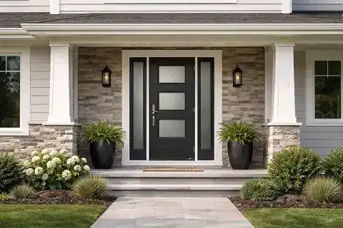 Modern entry door with glass inserts on an Ontario home exterior