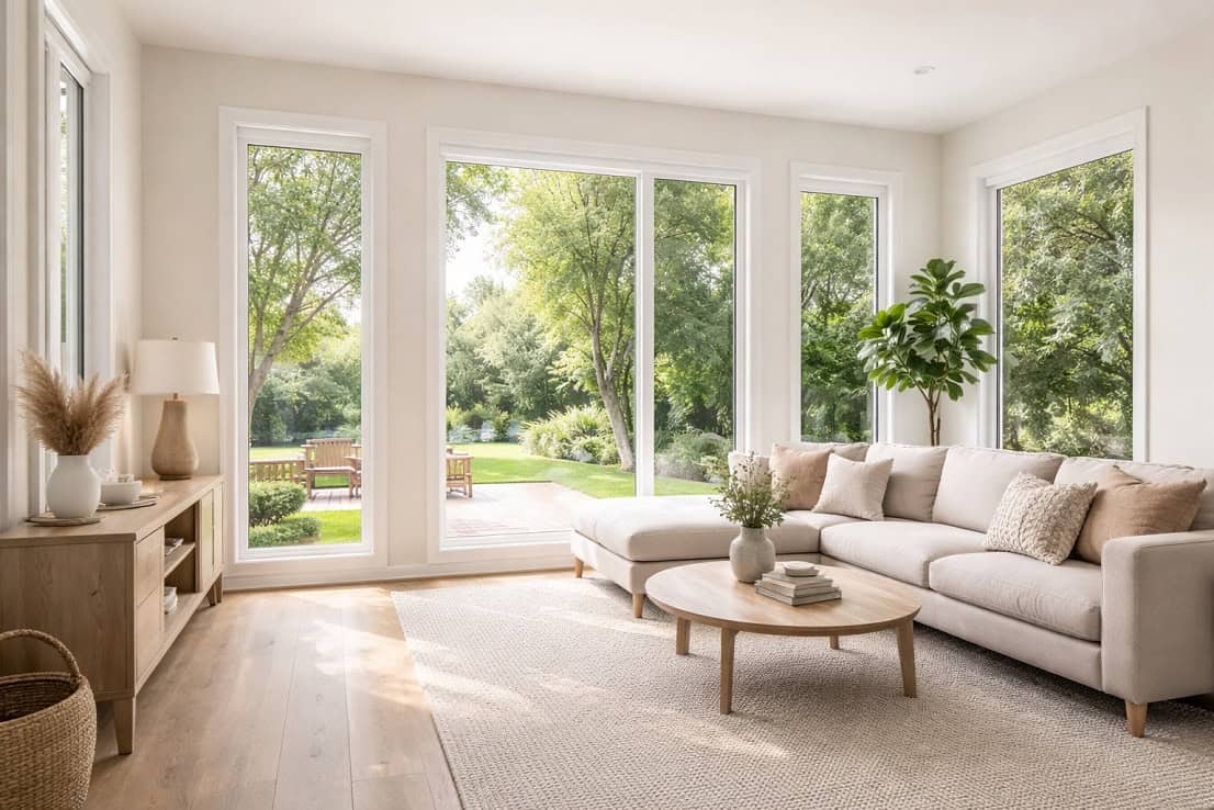 Narrow frame vinyl windows bringing natural light into a modern Ontario home