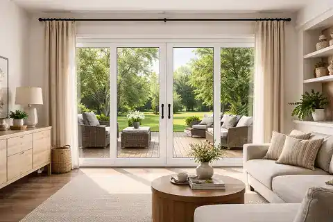 Large patio doors connecting a bright Ontario home interior to the backyard