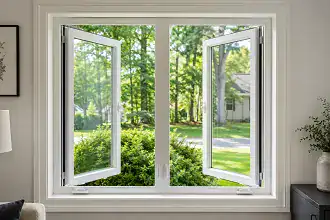 White uPVC casement window slightly open in a bright residential interior
