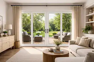 Large patio doors connecting a bright Ontario home interior to the backyard