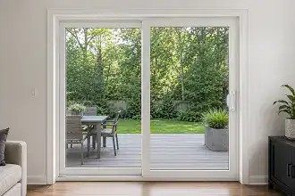 White uPVC sliding patio door with large glass panels opening to an outdoor patio