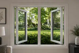 White uPVC double casement window slightly open in a bright residential interior