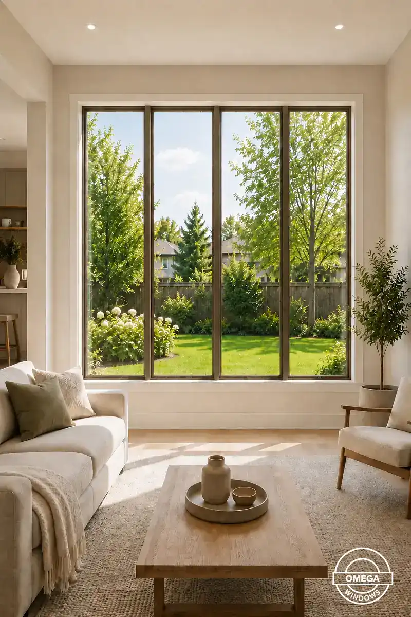Narrow frame vinyl windows in a bright living room with slim sightlines, natural light and garden views.