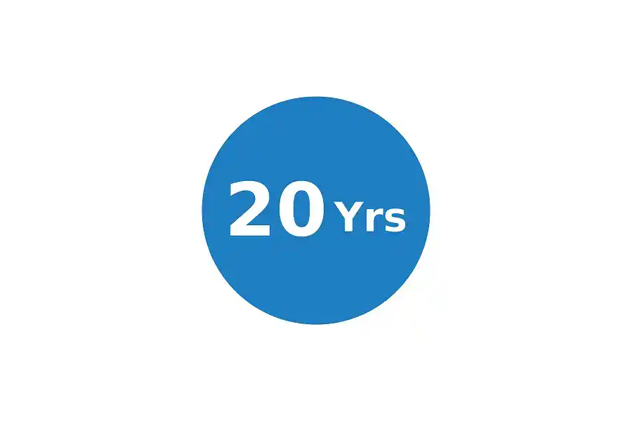 Blue 20 Yrs icon representing glass and hardware warranty coverage.