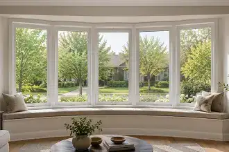 Bow window with multiple glass sections forming a gentle curved projection.