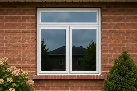 White vinyl casement and awning-style window combination on a brick home exterior.