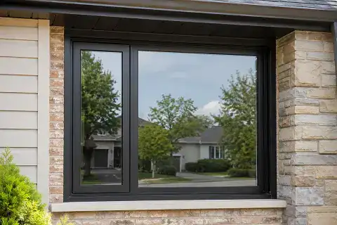 Black-framed casement and fixed window combination with large centre glass section on a stone home exterior.