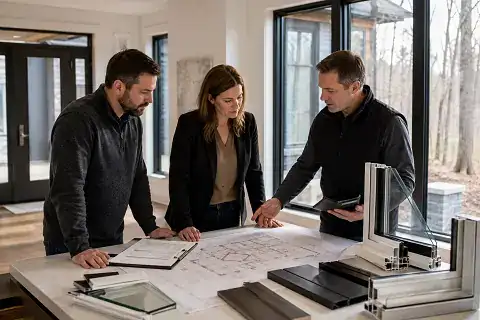 Project team reviewing custom home plans with window and door samples in a modern Ontario home.