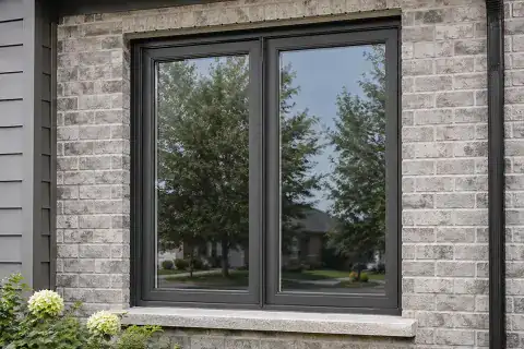 Double black-framed casement windows with two operating sections on a stone home exterior.