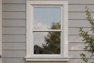 Double hung window with two vertically operating sashes on a residential home.