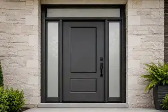 Modern entry door with glass inserts and sidelites on an Ontario home exterior.