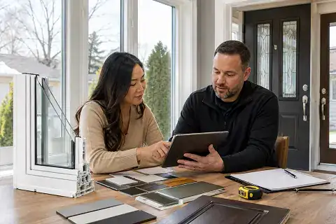 Homeowner reviewing window and door options with product samples in a bright Ontario home.