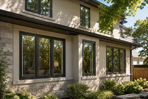 Ontario home exterior with multiple coordinated black-framed casement and fixed windows.