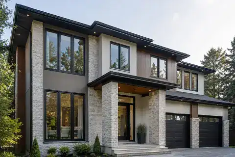 Modern custom home exterior with coordinated black-framed casement windows and large glass openings.