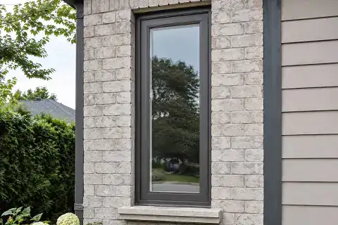 Single black-framed casement window on a brick and siding home exterior.