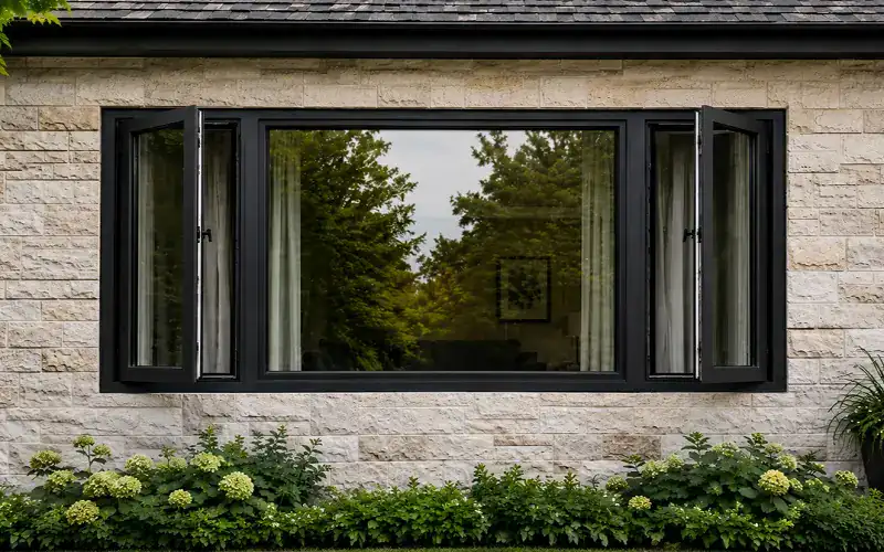 Narrow frame vinyl windows in a bright living room with slim sightlines, natural light and garden views.